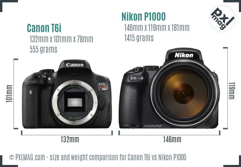 Canon T6i vs Nikon P1000 size comparison