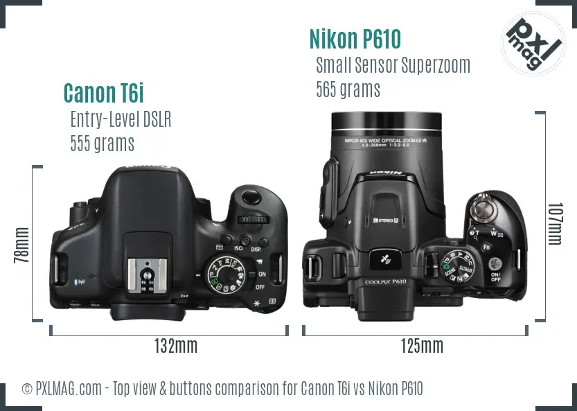 Canon T6i vs Nikon P610 top view buttons comparison Canon T6i vs Nikon P610 top view buttons comparison