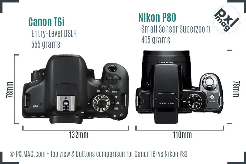 Canon T6i vs Nikon P80 top view buttons comparison Canon T6i vs Nikon P80 top view buttons comparison
