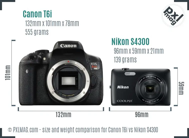 Canon T6i vs Nikon S4300 size comparison