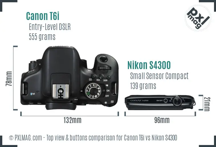 Canon T6i vs Nikon S4300 top view buttons comparison
