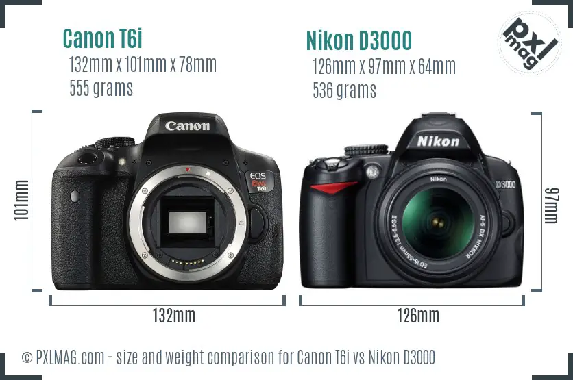 Canon T6i vs Nikon D3000 size comparison