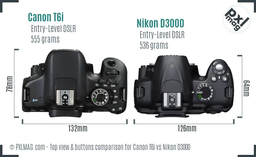 Canon T6i vs Nikon D3000 top view buttons comparison