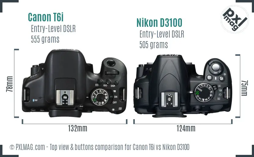 Canon T6i vs Nikon D3100 top view buttons comparison