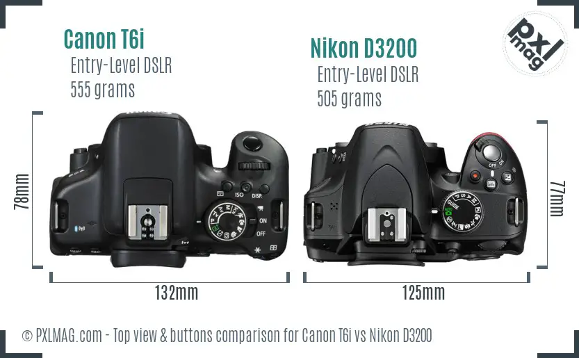 Canon T6i vs Nikon D3200 top view buttons comparison