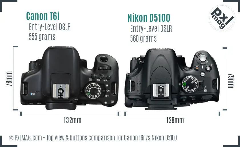 Canon T6i vs Nikon D5100 top view buttons comparison