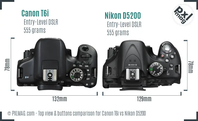 Canon T6i vs Nikon D5200 top view buttons comparison