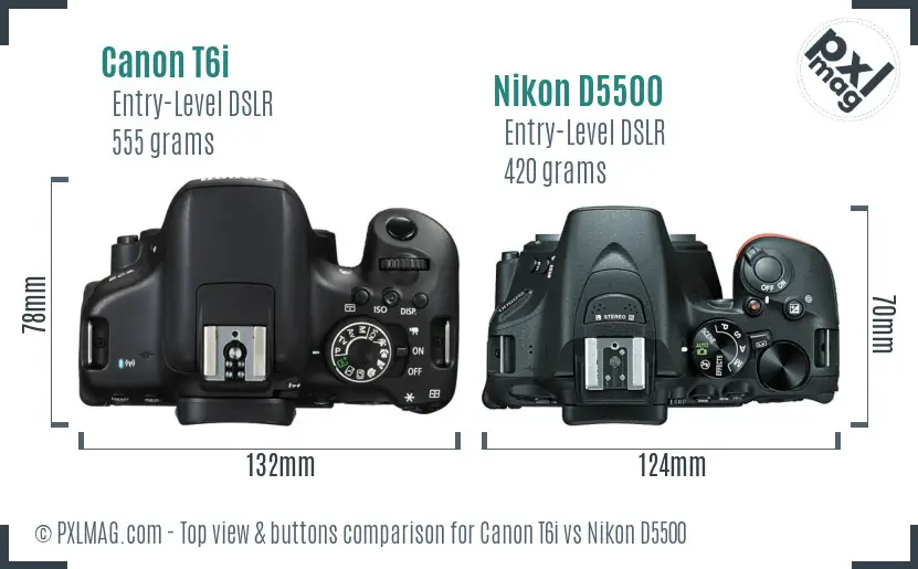 Canon T6i vs Nikon D5500 top view buttons comparison