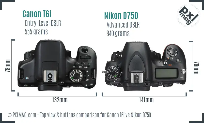 Canon T6i vs Nikon D750 top view buttons comparison Canon T6i vs Nikon D750 top view buttons comparison