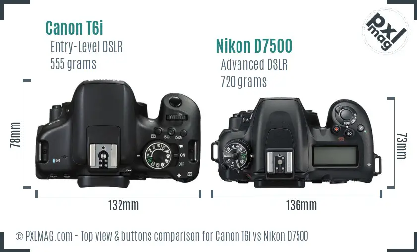 Canon T6i vs Nikon D7500 top view buttons comparison Canon T6i vs Nikon D7500 top view buttons comparison