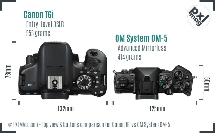 Canon T6i vs OM System OM-5 top view buttons comparison Canon T6i vs OM System OM-5 top view buttons comparison
