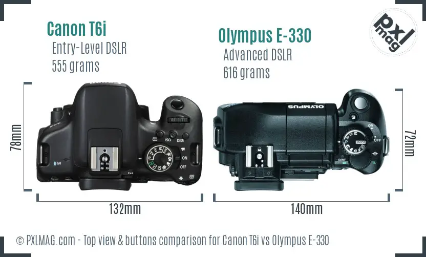 Canon T6i vs Olympus E-330 top view buttons comparison Canon T6i vs Olympus E-330 top view buttons comparison