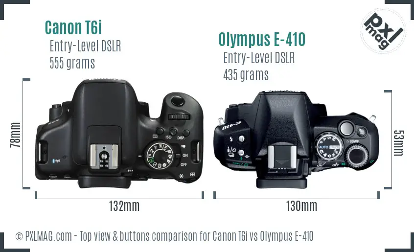 Canon T6i vs Olympus E-410 top view buttons comparison