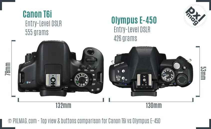 Canon T6i vs Olympus E-450 top view buttons comparison