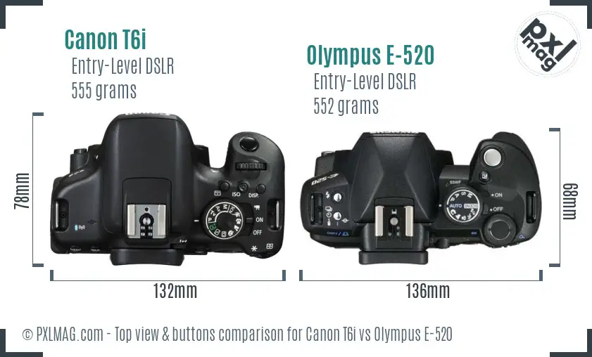 Canon T6i vs Olympus E-520 top view buttons comparison