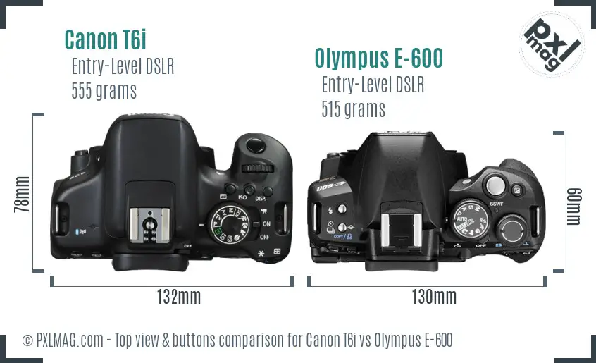 Canon T6i vs Olympus E-600 top view buttons comparison
