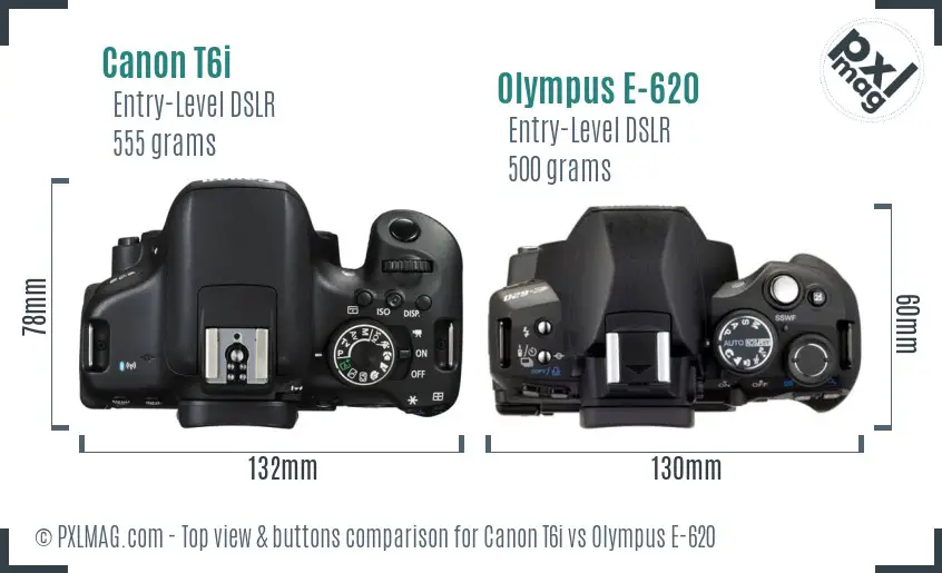 Canon T6i vs Olympus E-620 top view buttons comparison