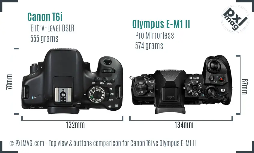 Canon T6i vs Olympus E-M1 II top view buttons comparison