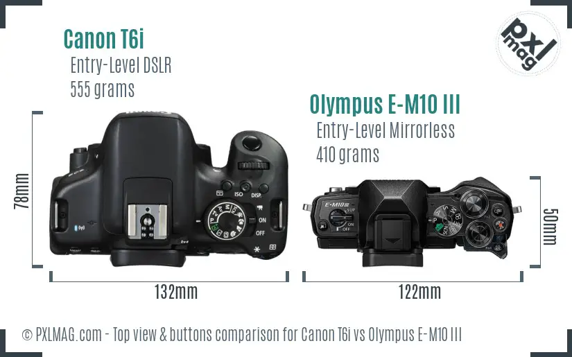 Canon T6i vs Olympus E-M10 III top view buttons comparison