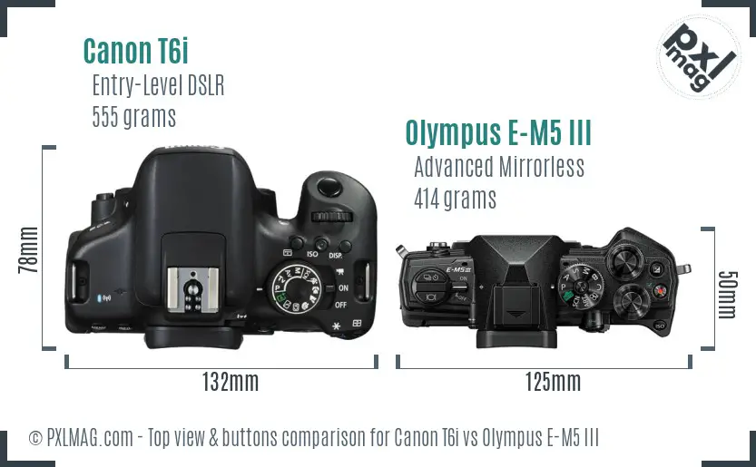 Canon T6i vs Olympus E-M5 III top view buttons comparison