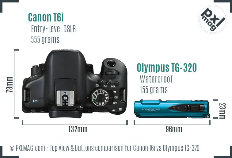 Canon T6i vs Olympus TG-320 top view buttons comparison