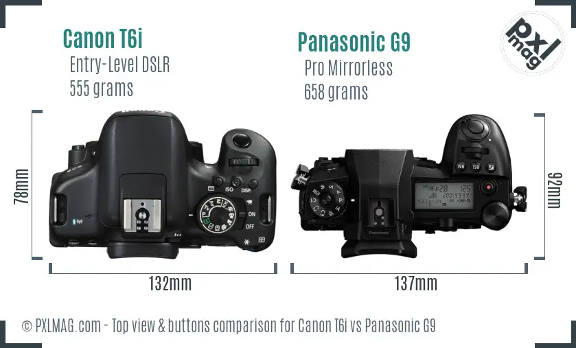 Canon T6i vs Panasonic G9 top view buttons comparison