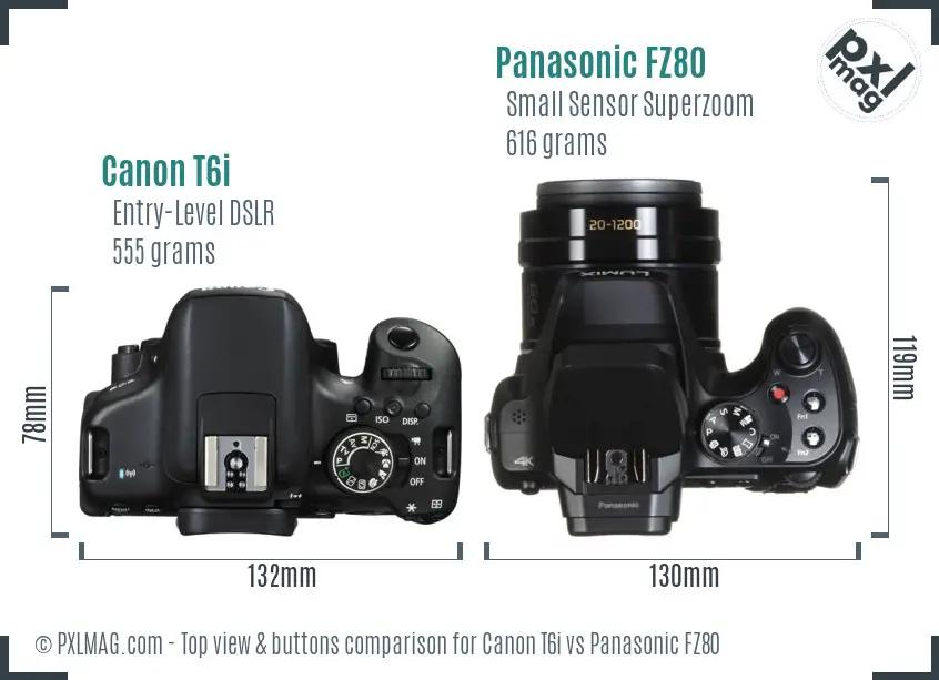 Canon T6i vs Panasonic FZ80 top view buttons comparison Canon T6i vs Panasonic FZ80 top view buttons comparison