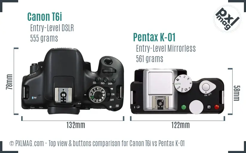 Canon T6i vs Pentax K-01 top view buttons comparison