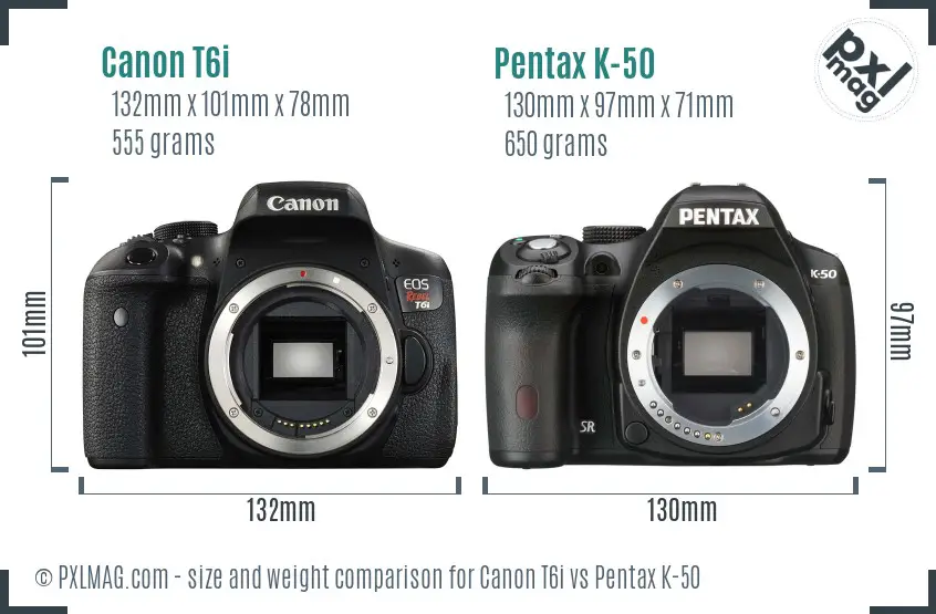 Canon T6i vs Pentax K-50 size comparison