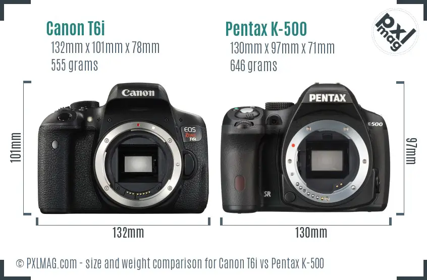 Canon T6i vs Pentax K-500 size comparison