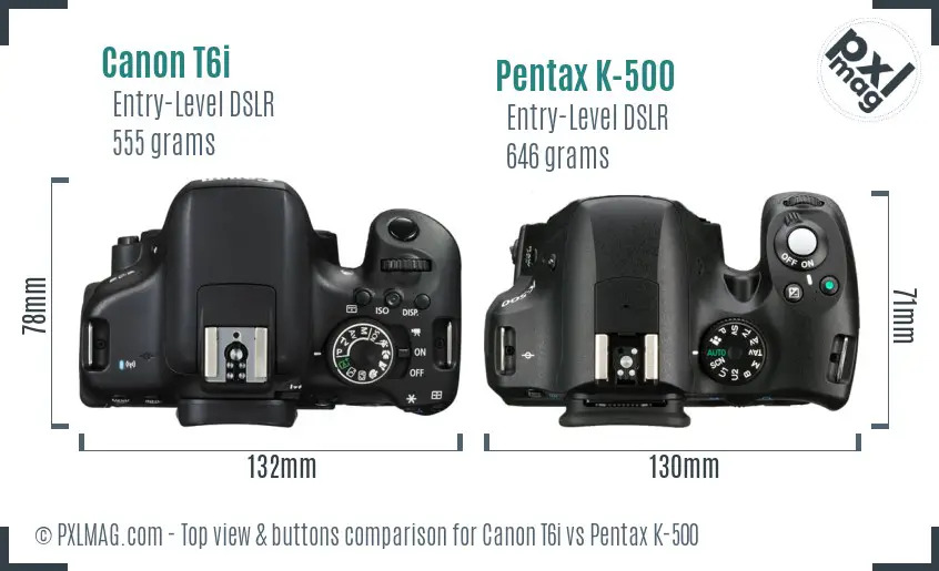 Canon T6i vs Pentax K-500 top view buttons comparison