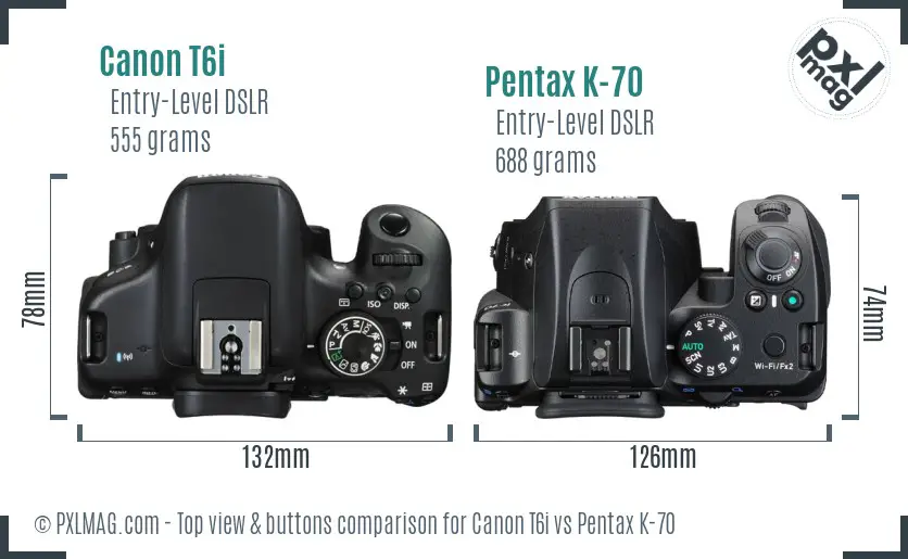 Canon T6i vs Pentax K-70 top view buttons comparison