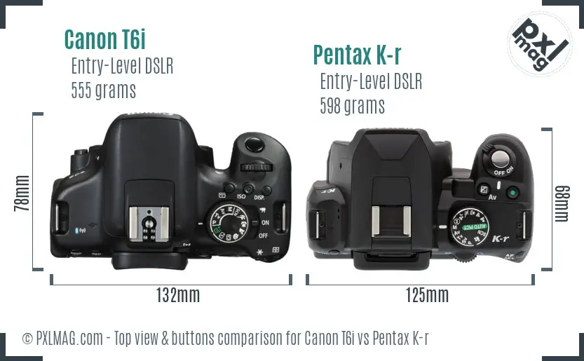 Canon T6i vs Pentax K-r top view buttons comparison