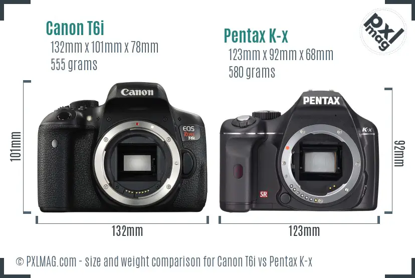 Canon T6i vs Pentax K-x size comparison