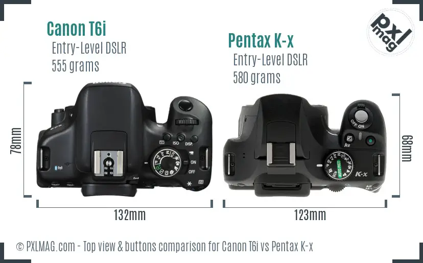 Canon T6i vs Pentax K-x top view buttons comparison