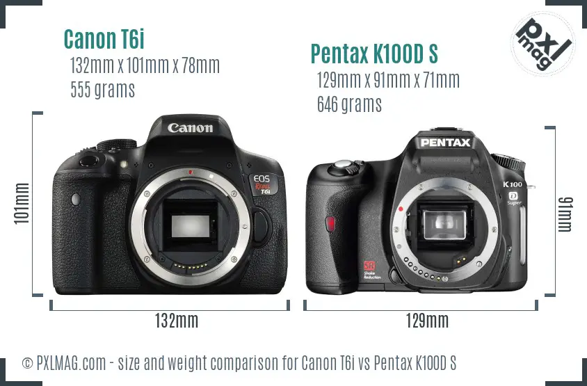Canon T6i vs Pentax K100D S size comparison