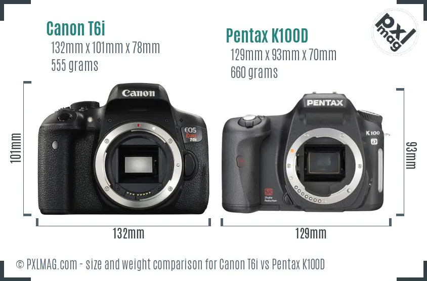 Canon T6i vs Pentax K100D size comparison