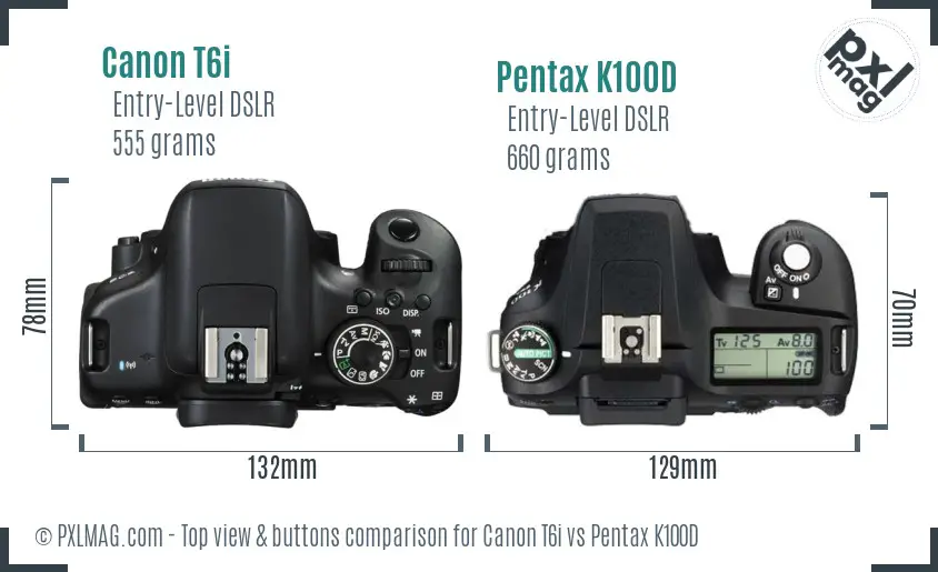 Canon T6i vs Pentax K100D top view buttons comparison