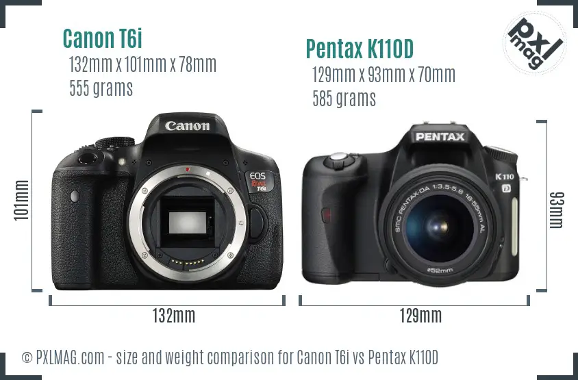 Canon T6i vs Pentax K110D size comparison