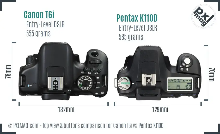 Canon T6i vs Pentax K110D top view buttons comparison