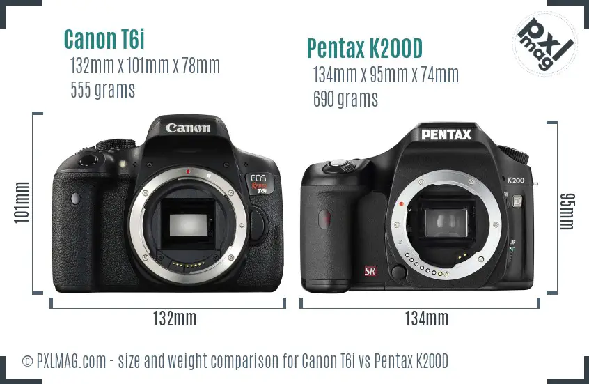 Canon T6i vs Pentax K200D size comparison