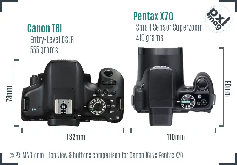 Canon T6i vs Pentax X70 top view buttons comparison