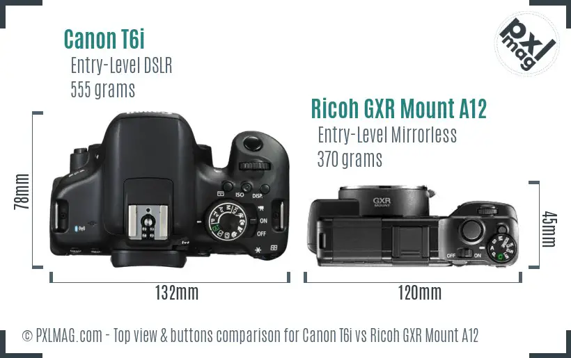 Canon T6i vs Ricoh GXR Mount A12 top view buttons comparison Canon T6i vs Ricoh GXR Mount A12 top view buttons comparison