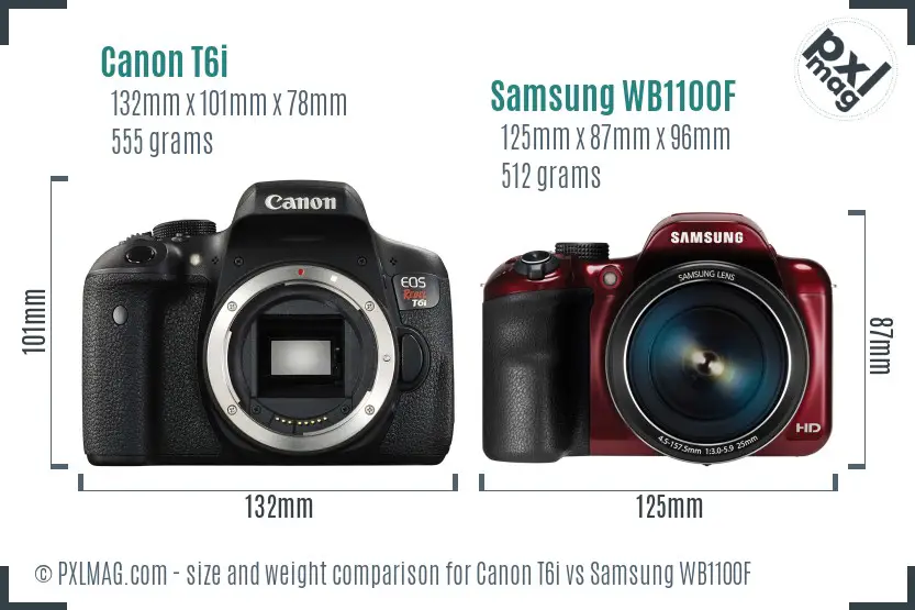 Canon T6i vs Samsung WB1100F size comparison