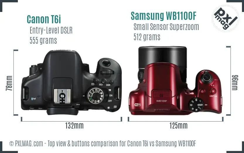Canon T6i vs Samsung WB1100F top view buttons comparison