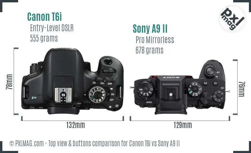 Canon T6i vs Sony A9 II top view buttons comparison