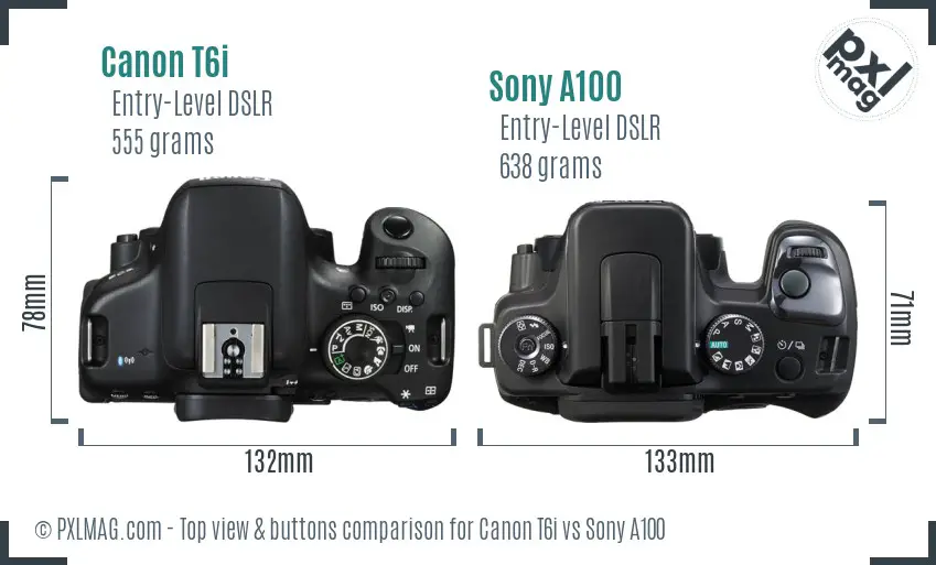 Canon T6i vs Sony A100 top view buttons comparison