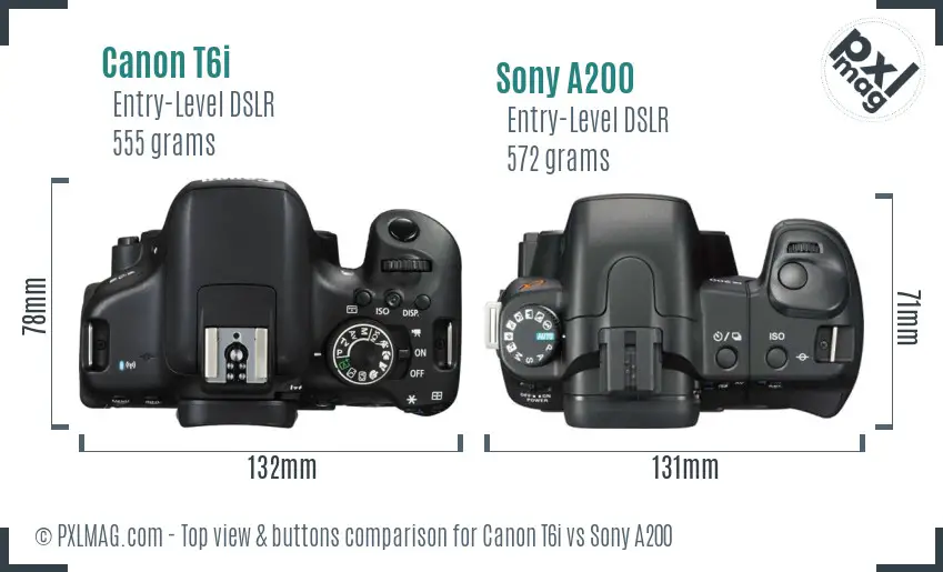 Canon T6i vs Sony A200 top view buttons comparison