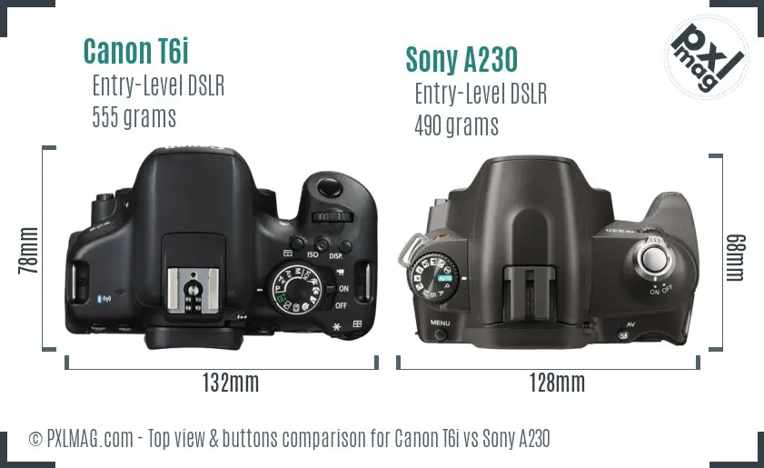 Canon T6i vs Sony A230 top view buttons comparison