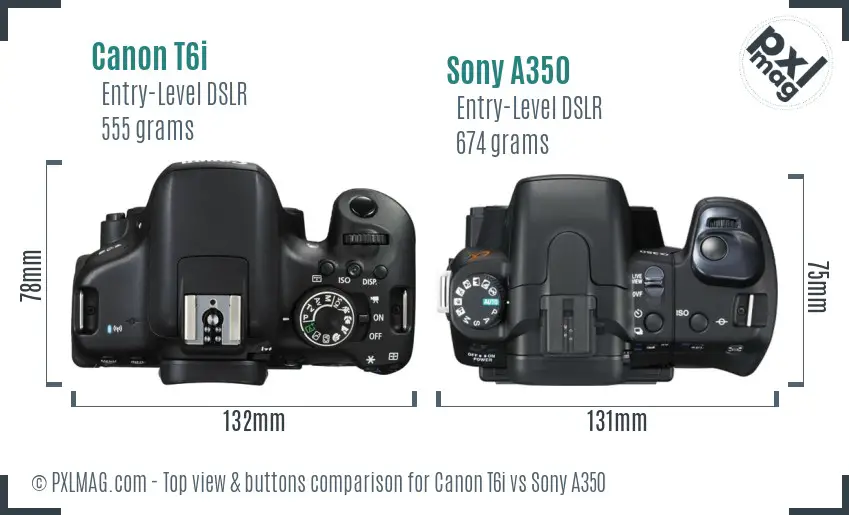 Canon T6i vs Sony A350 top view buttons comparison